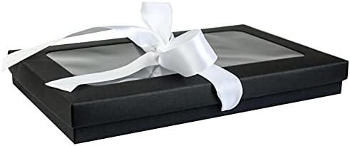 Emartbuy Pack of 12 Rectangle Shaped Presentation Gift Box, 21 cm x 12.5 cm x 2.5 cm, Brown Kraft Box with Clear Lid and Satin Ribbon