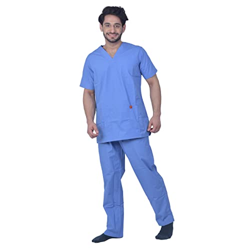 Image of Unisex V-Neck Polyester Cotton Medical Scrub Suit for Doctors, Top and Bottom with 6 Pockets, Triple Needle Stitch Top, Size 34 - XS, Ceil Blue. BLUE.