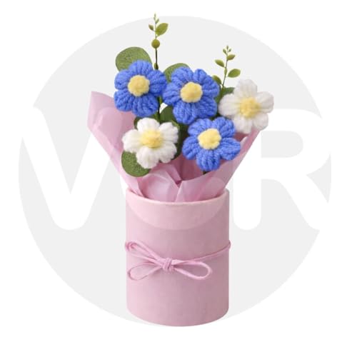 Image of VCR Handmade Blue Crochet Bouquet- Pack of 1 - Hand Woven Knitted Artificial Hand Knitted Bouquet Flower for Office Desk, Table, Car, Bedroom, Wedding & Special Occasions