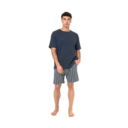 TRAMAS+ Pijama Hombre Verano 100% Algodón, Conjunto de Camiseta de Manga Corta y Pantalón Corto, Ropa de Dormir Fresca y Cómoda - M, R manika, Azul Marino