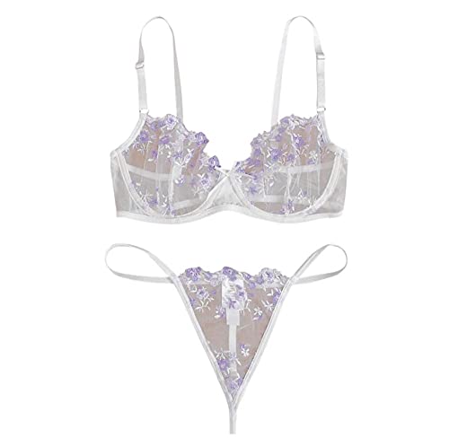 Ensemble de lingerie sexy broderie et nuisette transparente pour femme avec G-string assorti
