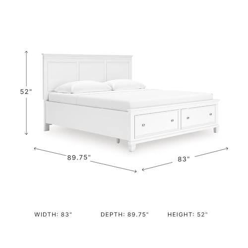 Image of Signature Design by Ashley California King Bed Frame with Storage, White | Hardwood solids and MDF, 2 footboard drawers, Roll slats included, White painted finish, Fortman Series