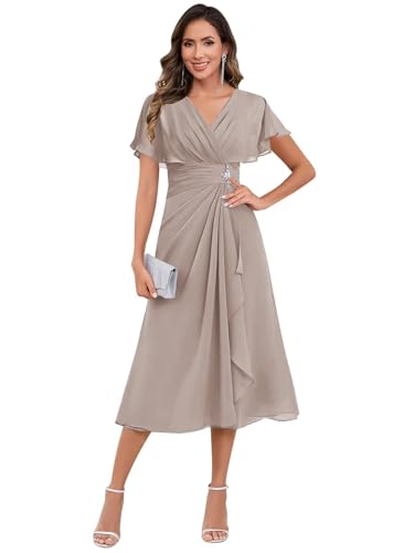 AUMEELAM Short Sleeve Chiffon Mother of The Bride Dress V Neck Tea Length Ruched Wedding Guest Dresses4