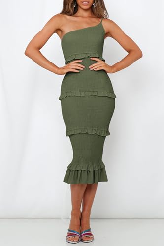 Image of PRETTYGARDEN Women's Summer Midi Bodycon Dresses One Shoulder Strappy Tiered Ruffle Floral Boho Sun Dress