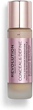 Makeup Revolution Conceal & Define Foundation, Cream Foundation Makeup, Full Coverage, For Medium Skin Tones, Vegan & Cruelty-Free, F7, 23ml