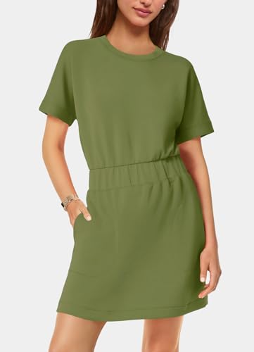 Image of SENSERISE Womens Short Sleeve T Shirt Dresses Crew Neck Solid Color Basic Smocked Waist Dress with Pockets