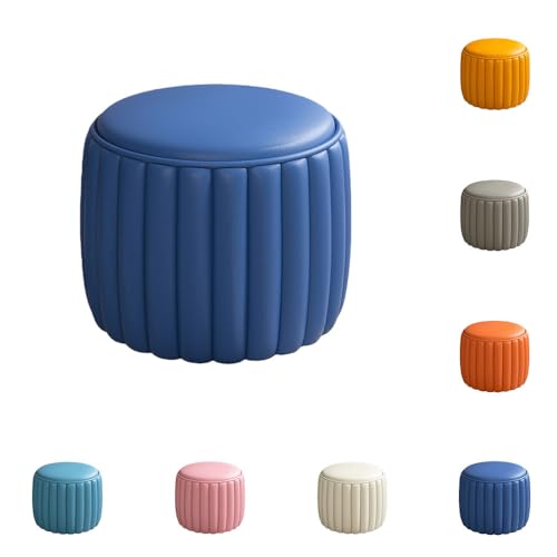 LIVIAラウンドスツール 丸い椅子 靴交換ベンチ ミニソファー 天然木製フレーム オットマン 足置き 脚置きプチスツール 化粧椅子 低い スツールチェア 丸型 円形 簡易 家具 小物 持ち運びやすい (濃い青)