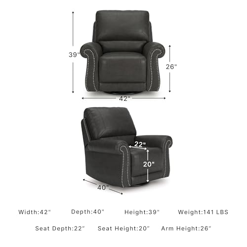Image of Signature Design by Ashley Shadsburne Classic Faux Leather Manual Rocker Swivel Glider Recliner with Nailhead Trim, Reinforced Frame and Metal Seat Box, 360-Degree Swivel, Black