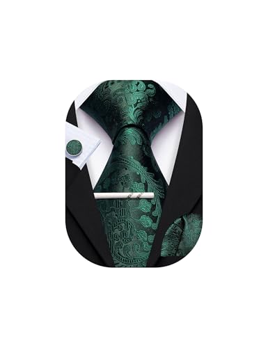 YOHOWA Green Black Tie for Men with Tie Clip Paisley Silk Necktie Pocket Square Cufflinks Set Formal Wedding Party Business