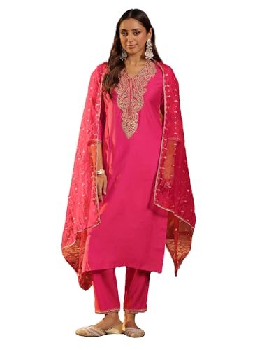 Image of INDO ERA Women's Liva Red Paisley Embroidered Sequinned Straight Kurta & Pant with Dupatta Set