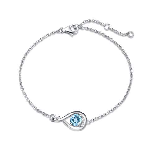 FANCIME 925 Sterling Silver Created Aquamarine Dainty Infinity Link Bracelet March Birthstone Jewelry Gifts for Women Girls, Chain Length 6.7+1.2
