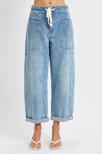 Risen Jeans - High Rise Crop Wide Barrel Cargo Pocket Jeans - PG211423