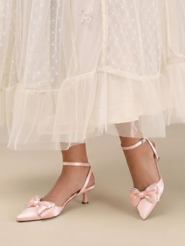 Image of Coutgo Womens Satin Kitten Low Heels Bow Pearl Closed Pointed Toe Pumps Ankle Strap Wedding Dress Shoes