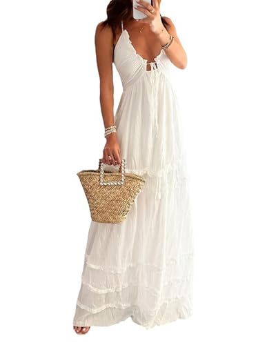 Image of Owl's-Yard Women Ruffle Spaghetti Strap Dress Sexy Backless Tiered Flowy Sundresses Boho Beach Long Dress Clubwear (G-02, L)