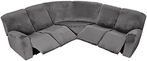 ShowyLive Recliner Slipcover, Velvet Stretch Recliner 5 Seats Corner Sectional Sofa Cover L-Shape 7-Pieces Reclining Sectional Couch Covers for Sectional Sofa Washable Furniture Protector, Grey