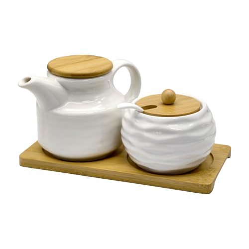 Amestar Ceramic Sugar and Creamer Set Coffee Bar Accessories Cream Pitcher and Sugar Bowl with Lid Spoon and Wooden Tray White Creamer Pitcher for Afternoon Tea Cream Coffee Syrup and Condiments