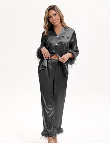 MORFORU Satin Pajama Set for Women Feather Trim Long Sleeve Pjs with Sleep Mask Headband Scrunchie Sleepwear Lounge Set2