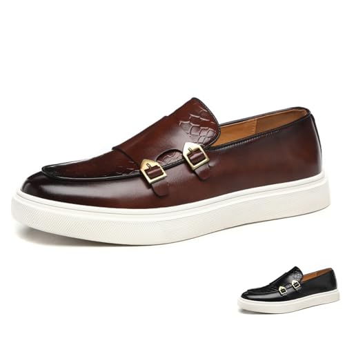 Men's Pattern Leather Double Monk Buckle Slip On Loafers Classic Round Toe Low Top Non-Slip Fashion Sneakers Luxury Casual Business Dress Shoes