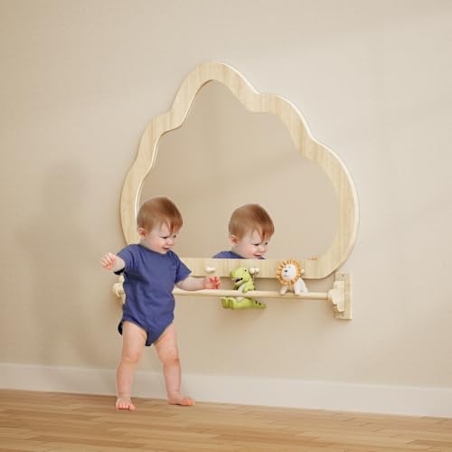 Image of BZBRLZ Montessori Mirror with Bar, Baby Pull to Stand Toys, Easy Assembly Natural Frame, Adjustable Infant Mirror, Montessori Furniture for Toddler 6-18 Months-Natural