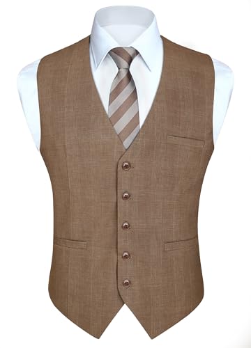 HISDERN Chaleco Cuadros Hombre Chalecos de Algodón Chaleco Traje Elegante Chalecos de Vestir Algodón con Bolsillo para Boda Negocio Marrón/Caqui L