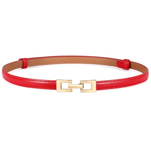 XZQTIVE Womens Thin Leather Belt Adjustable Casual Office Belt for Dresses Jeans Pants Gold Buckle Red 100cm