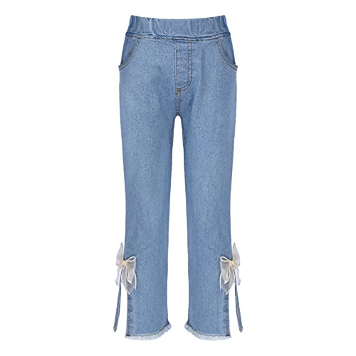 Toddler Kids Girls Split Hem Jeans Lace Bowknot Decor with Tassel Elastic Waist Denim Pants
