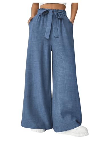 WDIRARA Women's Frill Trim Elastic High Waist Belted Pants Wide Leg Trousers