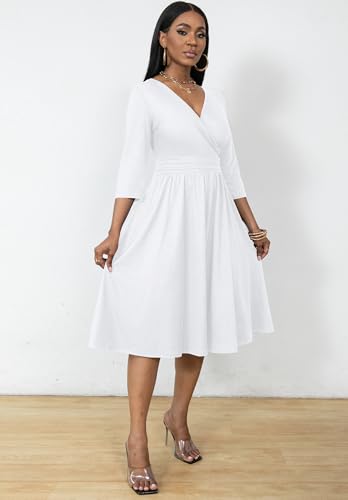 Nmoder Wrap Dress Cocktail Casual Dresses for Women Wedding Guest Fit and Flare V Neck 3/4 Sleeve Midi Dress with Pockets3