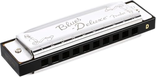Fender Blues Deluxe Mundharmonika, Tonart D-Dur, 10 Löcher, Blues Harp aus Nickel-Chrom, inklusive Etui, für Anfänger und Profis, Blues Mundharmonika, Chrom Mundharmonika, Musikinstrument