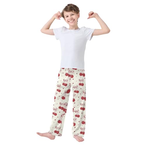 Pajama Pants Sleep Pants Soft Elastic Waist Pajama Lounge Pants Red Bow Cherry Love Pattern for 6-14 Years Old3