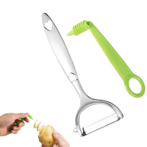 Lyreh Taglia-Spirale Verde con Pelapatate Metallo, Manuale Coltello a Spirale per Verdure Impugnatura Ergonomica Utensile per Sbucciare e Affettare Frutta Cetrioli Carote Accessori Cucina