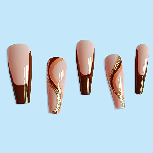 French Tip Press On Nails Long Coffin Fake Nails Fall False Nails With Brown And Gold Waves Design Full Cover Artificial Nails Glossy Ballerina Stick On Nails Fall Glue On Nails For Women And Girls #TOP1