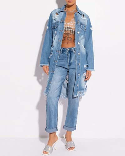 Women Distressed Raw Hem High Low Tassel Boyfriend Maxi Long Denim Jacket Ripped Long Sleeve Trench Jean Coat2
