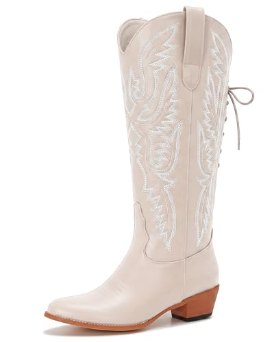 Image of Uillnoodu Wide Calf Cowboy Boots Women Adjustable Lace Up Knee High Tall Plus Size Cowgirl Boots Western Style Comfortable 2-Inch Heel