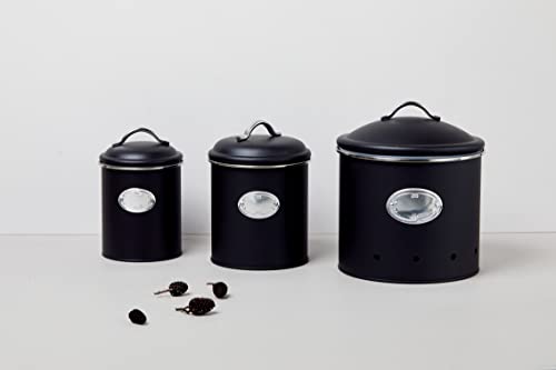 WENKO Aufbewahrungsdose Mod. Nero, 1,6 Liter, Frischhaltedose zur luftdichten Aufbewahrung von Lebensmitteln, wasserdicht, aus lackiertem Metall mit Applikation, Retro-Design, Ø 13 x 18 cm, Schwarz