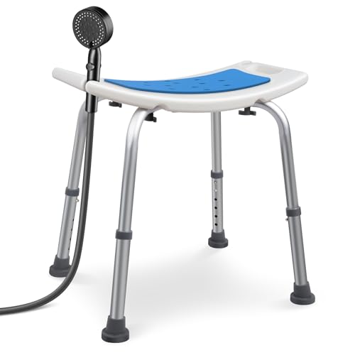 VOUNOT® Taburete de Ducha Altura Regulable 38-52 cm, Asiento de Baño con Patas Antideslizantes, Ayuda para Personas Mayores y Discapacitados, Carga máx. 136 kg, Blanco Azul