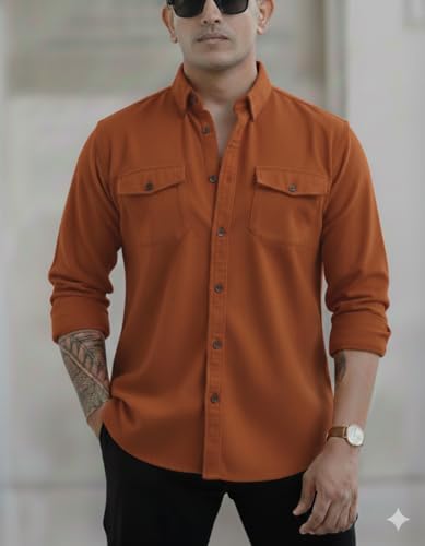 Image of Men's Black Casual Shirt, Long Sleeve, Dual Chest Pockets, Button-Down Collar