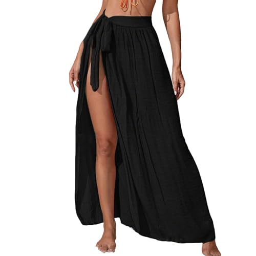 JAONLD Pareo Damen Strand Lang Länge 100cm/Taille 76cm Sarong Tuch Damen Strandtuch zum Umbinden Langer Rock mit Schlitz Verstellbare Taille für Strände Schwimmbäder und Partys (Schwarz)