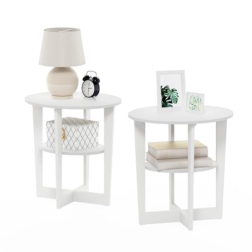 Image of Furinno Jaya Side Table Set of 2, 2-Tier Round Modern End Table with Oval Tabletop, Night Stand, Bedside Table with Open Shelf, for Living Room, Bedroom, Plain White