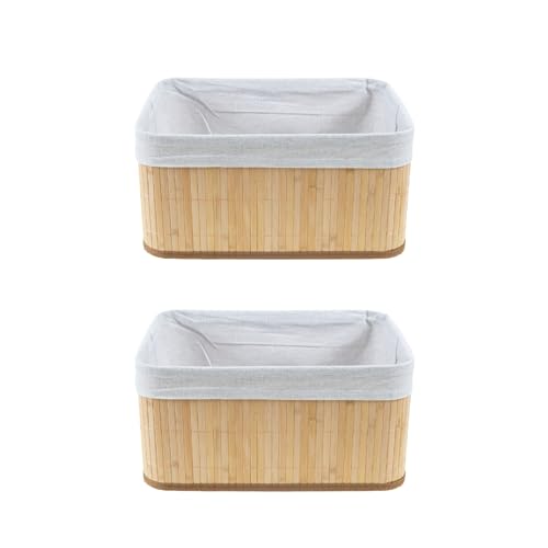 Kit 2 Caixa Cesto Retangular Bambu com Tecido Linho 32 x 22cm Org...