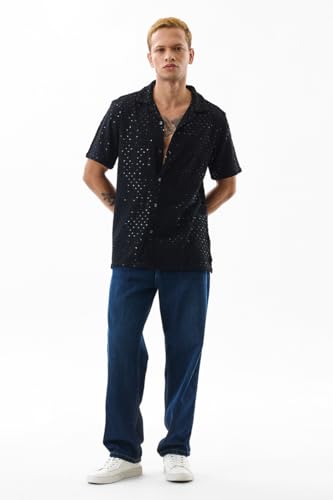Image of SNITCH Men Casual Shirt | Regular Fit Half Sleeve Cuban Collar Textured Pattern with Embellished Sequins | 100% Viscose & Breathable Fabric for Everyday Wear