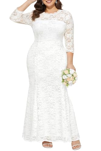 Plus Size Wedding Dress Bride White Lace Long Formal Mermaid Bridal Shower Maxi Elegant Prom Gowns with Sleeves Women