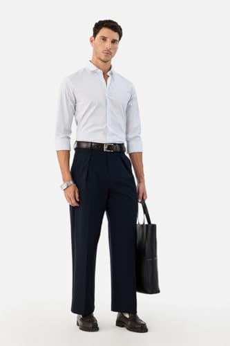 Image of SNITCH Men Casual Trousers | Baggy Fit Wide-Leg Design with Pleated Front & Button Closure | Durable Polyester Blend & Medium-Stretch Fabric for Summer Wear