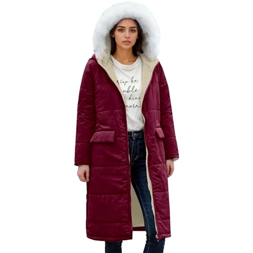Abrigo con capucha reversible de manga larga con ribete de adorno y cremallera de doble cara para clima frío, Vino, L