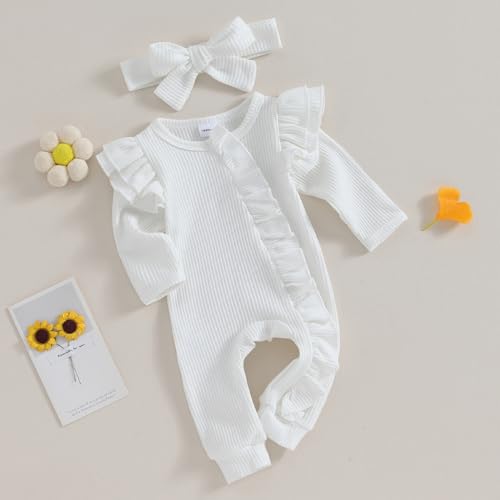 FYBITBO Infant Baby Girl Clothing Waffle Knit Romper Ruffle Jumpsuit Zipper Onesie Outfit Newborn Coming Home Clothes2