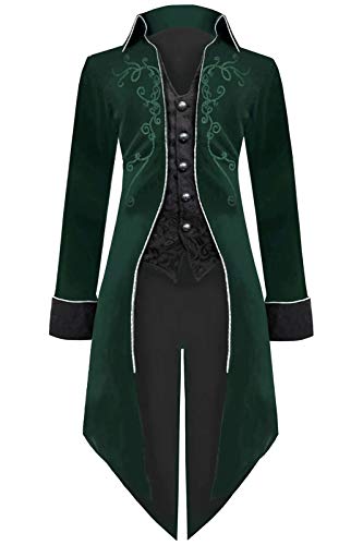 Mens Steampunk Tailcoat Halloween Costumes, Velvet Embroidered Victorian Tuxedo Jacket Gothic Vintage Frock Coat (XXX-Large, Green)