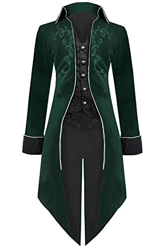 Mens Steampunk Tailcoat Halloween Costumes, Velvet Embroidered Victorian Tuxedo Jacket Gothic Vintage Frock Coat (Large, Green)