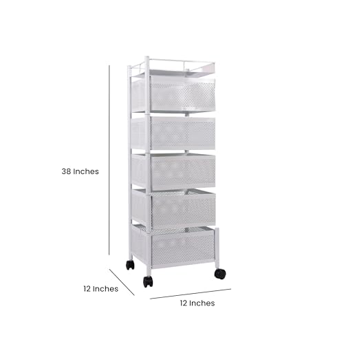 Image of KITCHIVO Kitchen Storage Rack | Revolving Vegetable Rack | Square Multipurpose Storage Trolley with Wheels | Metal Fruit Rack (White, 5 Layer)
