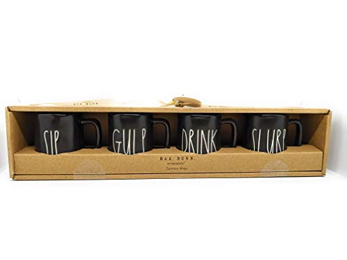 Rae Dunn by Magenta Set of 4 Ceramic Black Espresso Cups| SIP, GULP, DRINK, SLURP