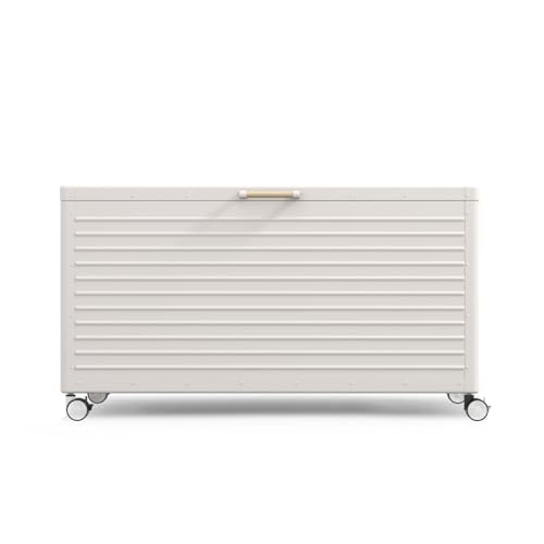 Image of MIRADOR 175 Gallon Outdoor Storage Box with Wheels & Soft-Close Lid, Waterproof Metal Deck Box for Patio Cushions, Garden Tools & Pool Accessories, Latte